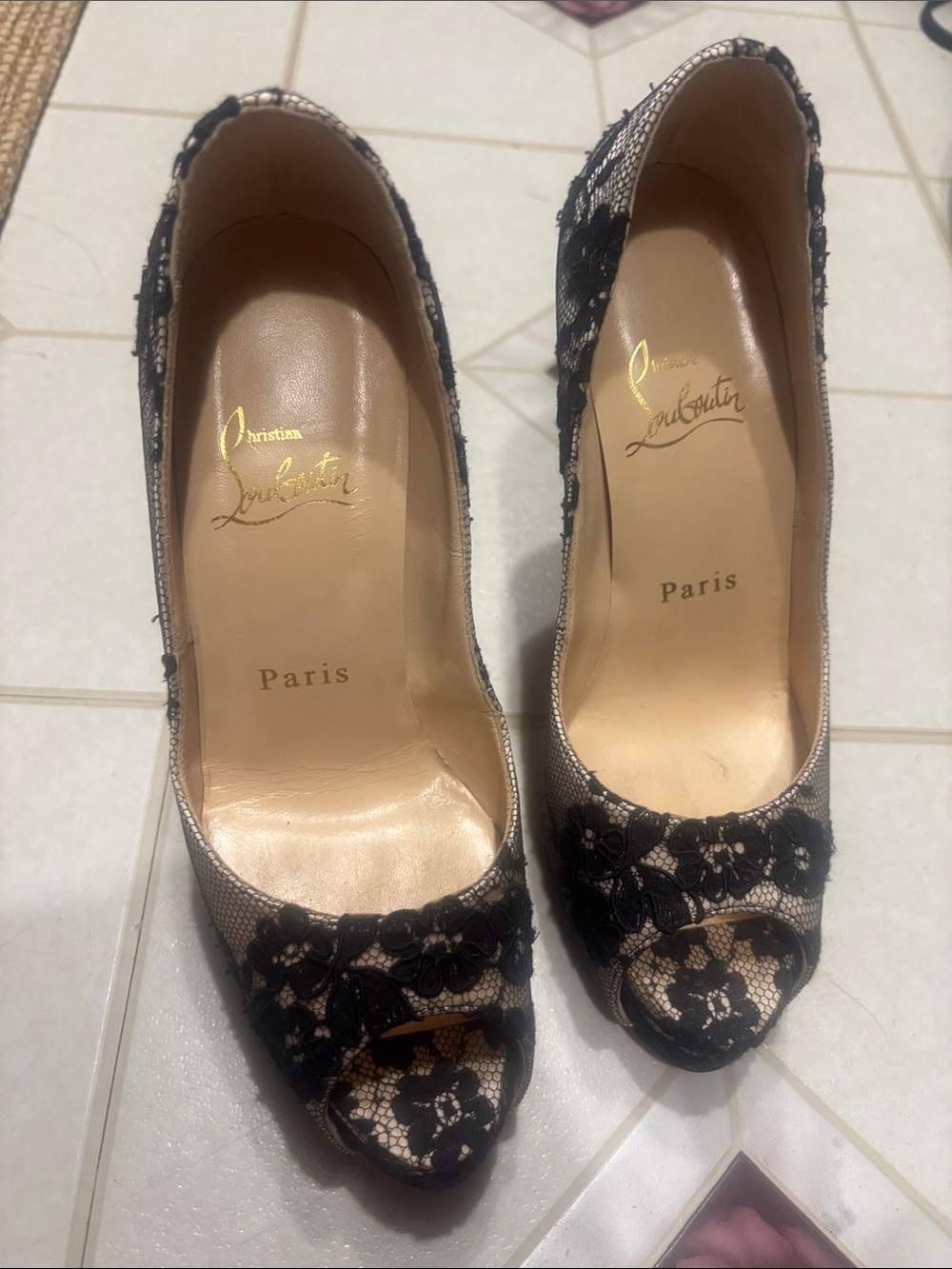 Christian Louboutin Black Lace Over Nude Peep-Toe Heels